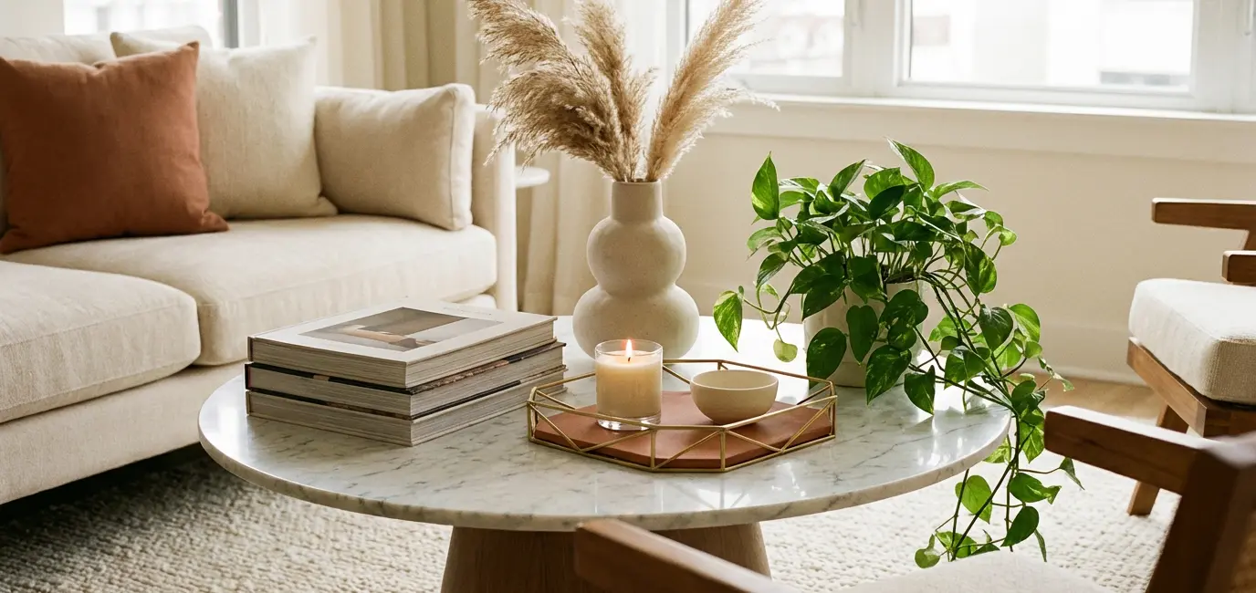 coffee table styling ideas with marble top and curated vignette in warm modern living room