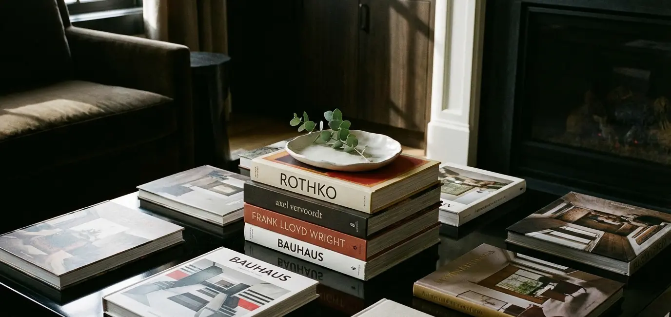 coffee table books used as risers for decor styling in chic living room