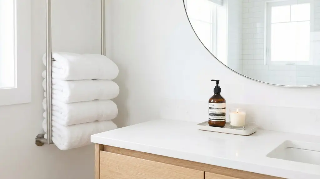 Organized bathroom vanity after decluttering with small tray of essentials and neatly folded white towels