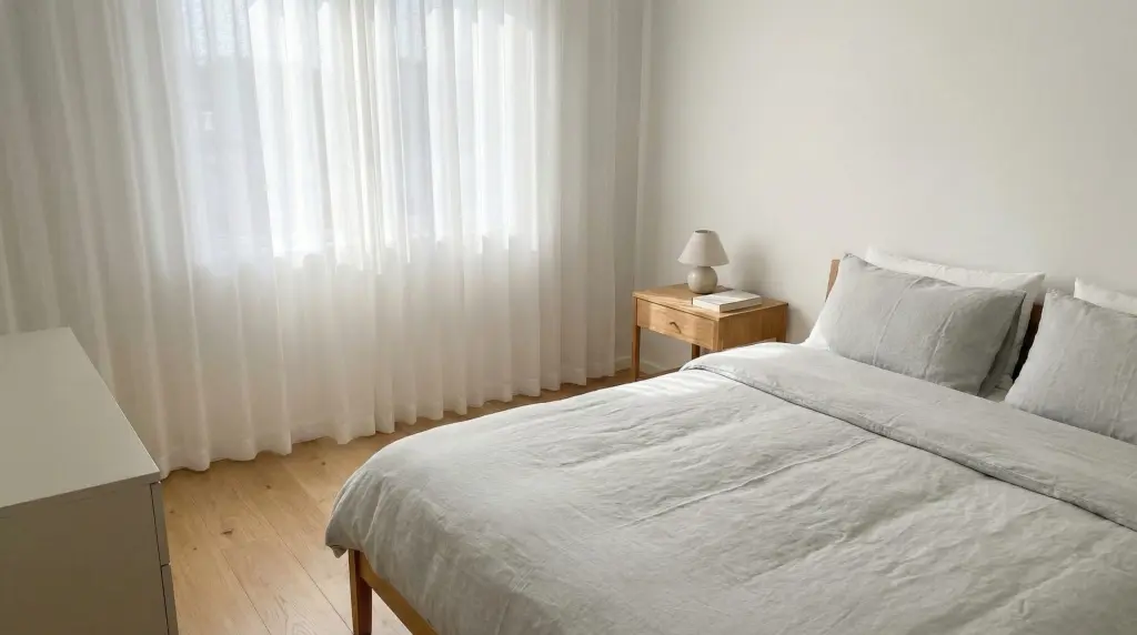 Decluttered bedroom with minimal nightstand, clear surfaces and calm linen bedding in morning light