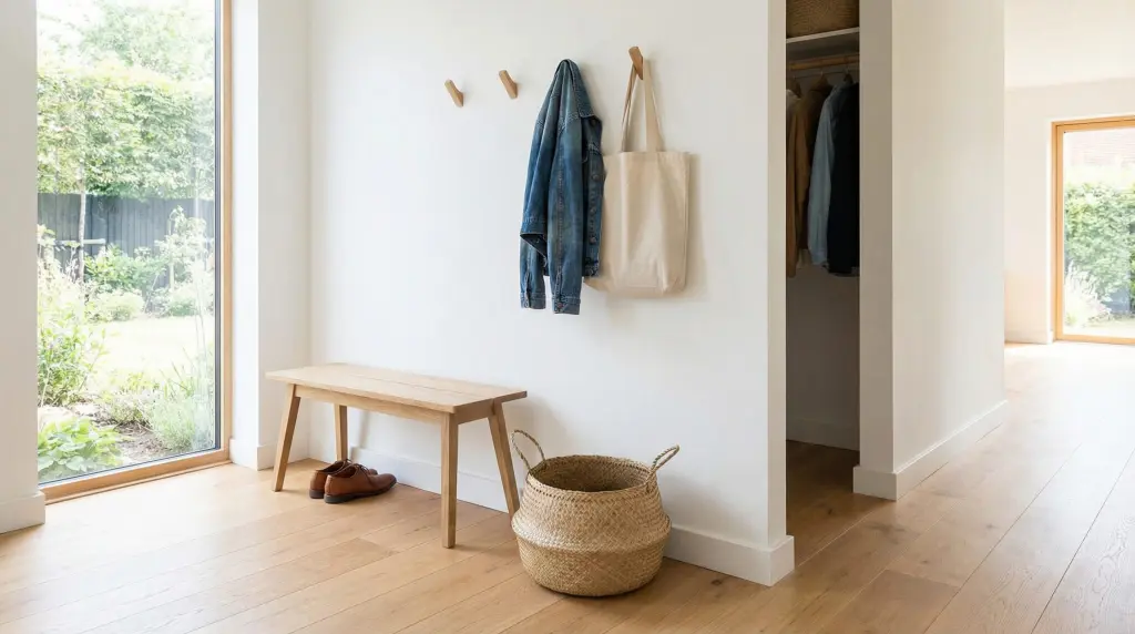 Decluttered entryway with slim bench, wall hooks, single jacket and tidy woven basket on light wood floors