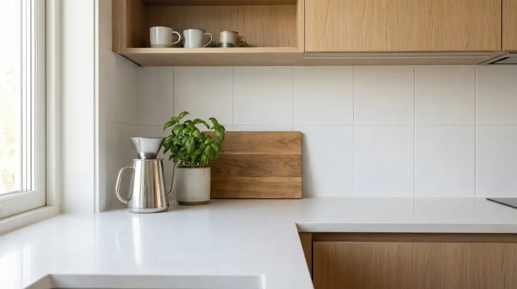 Decluttered kitchen countertop with only essentials — coffee maker, herb pot and cutting board on clean white quartz