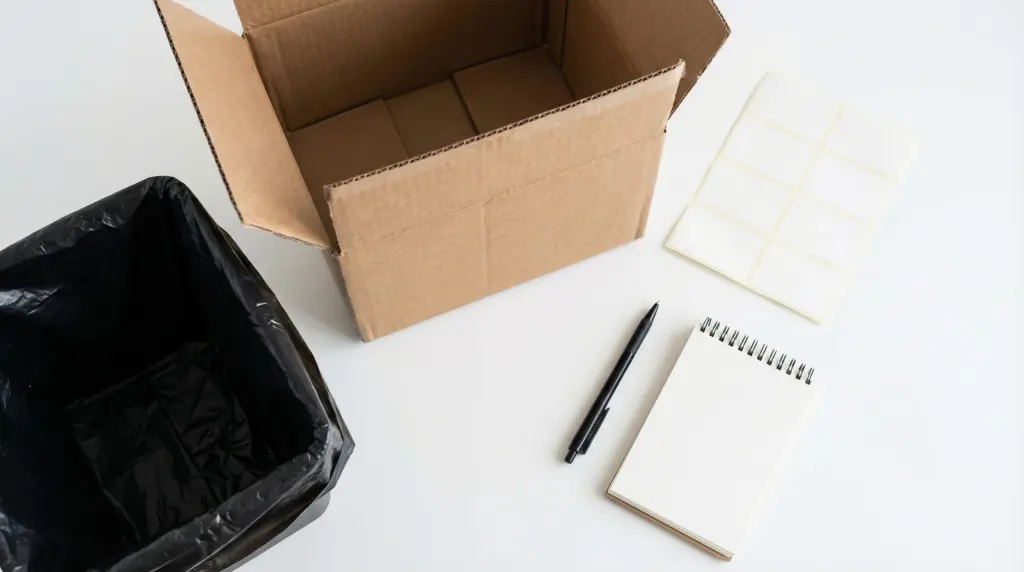 Home declutter supplies flatlay — cardboard donation box, bin liner, sticky labels, pen and notepad on white surface
