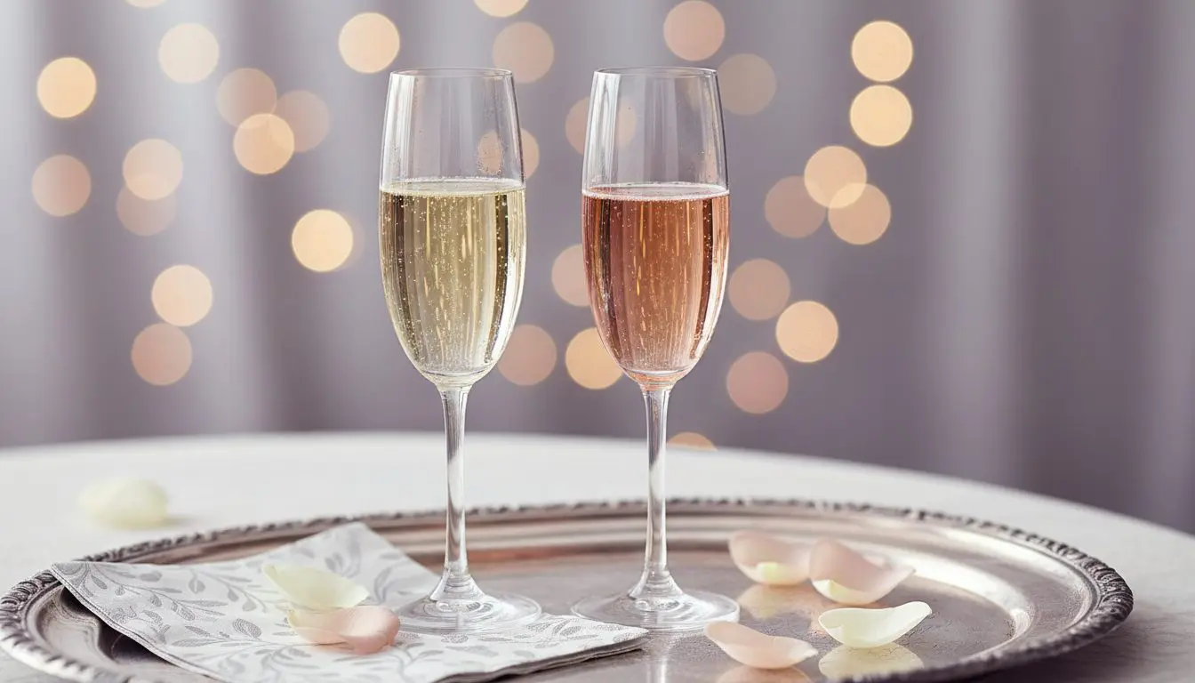 Two champagne flutes of dry sparkling wine with fine bubbles in elegant setting