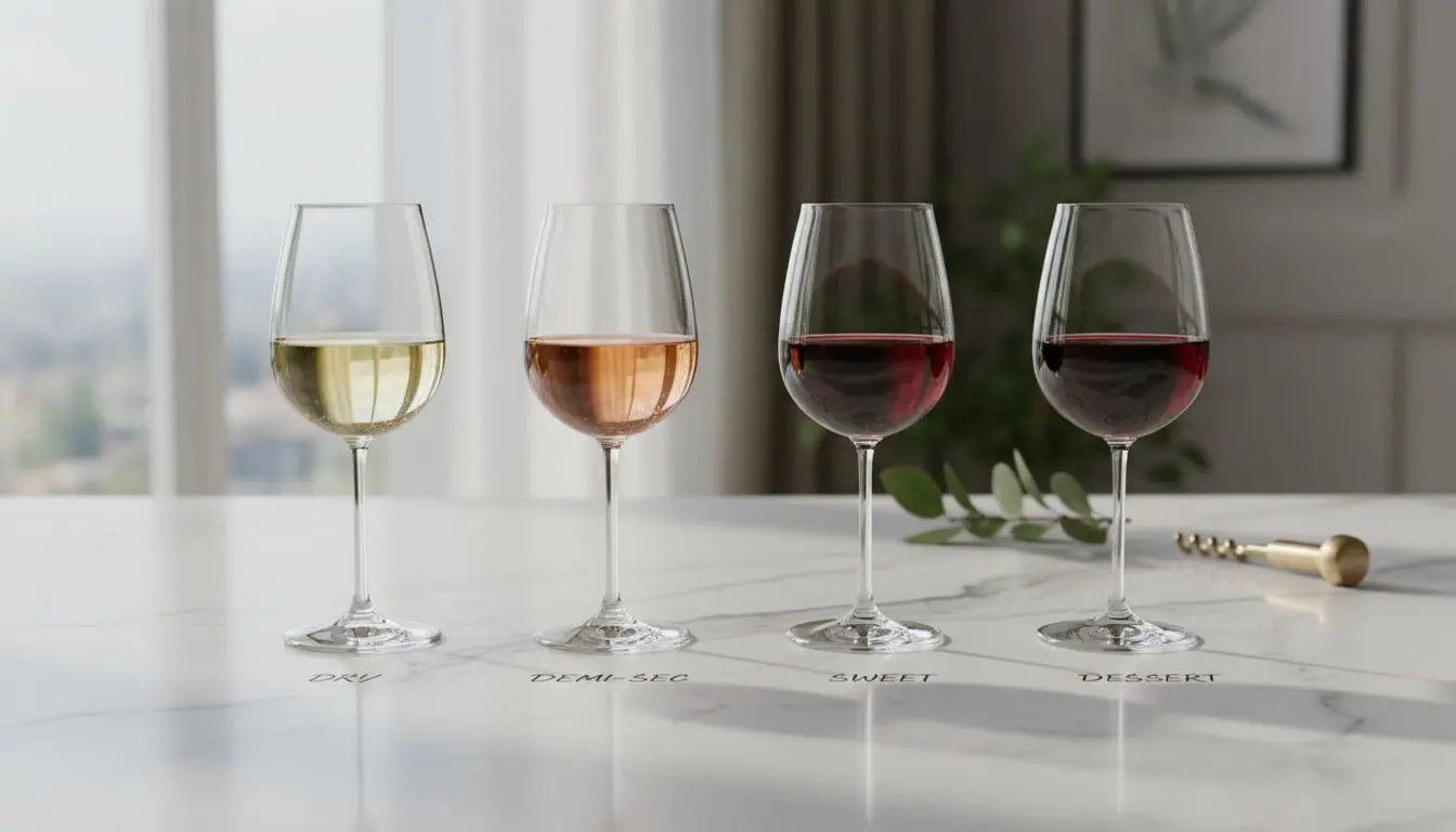Four wine glasses showing the what does dry wine actually mean to sweet wine spectrum from pale gold to deep crimson