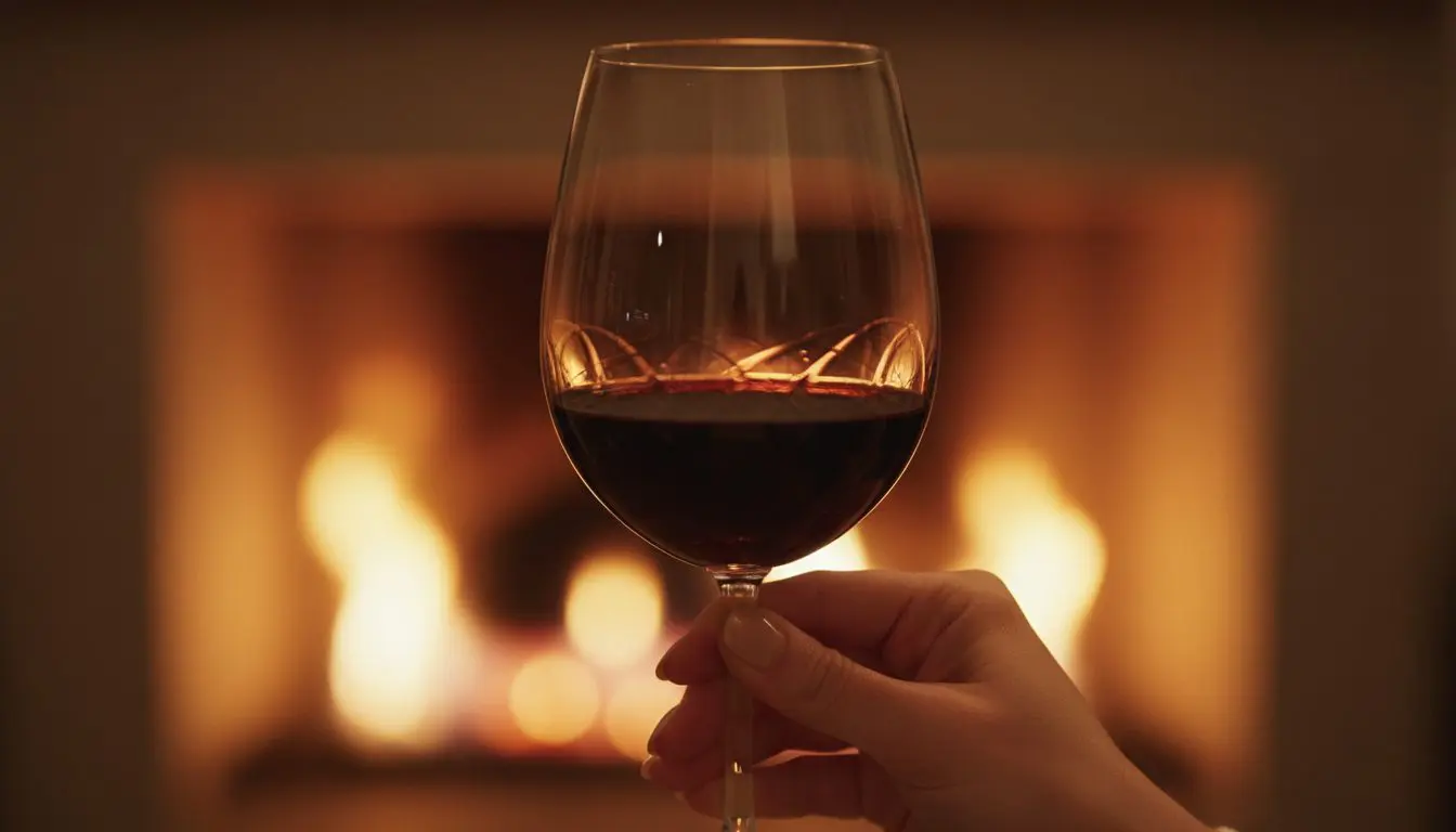 Hand holding a glass of bold what does dry wine actually mean showing rich color and tannin legs on the glass