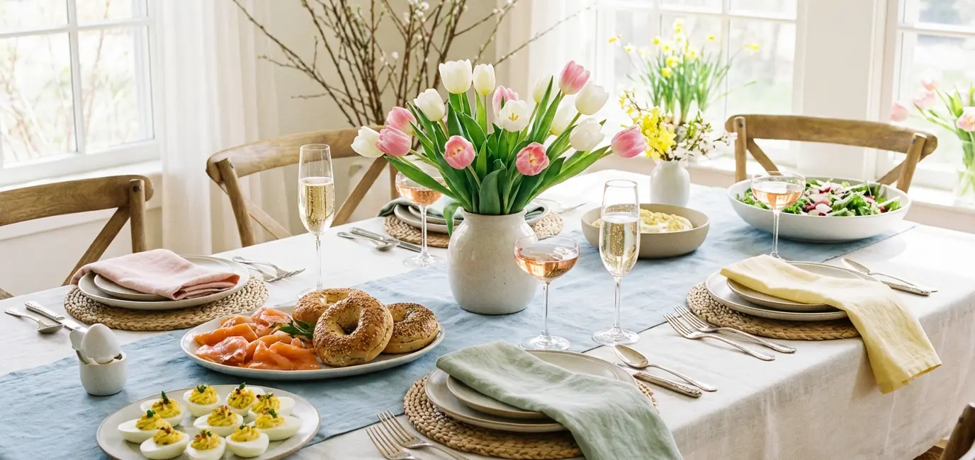 Easter brunch table with sparkling wine and rose — smoked salmon, deviled eggs and spring flowers