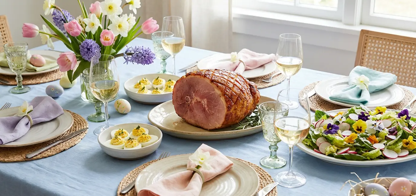 Easter brunch wine pairing — glazed ham and deviled eggs with unoaked Chardonnay and spring flowers