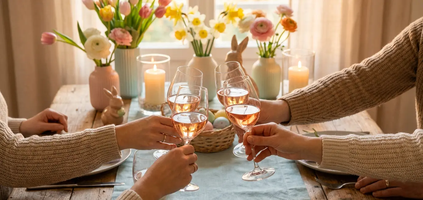What wine to serve at Easter dinner — hands toasting wine glasses at spring Easter gathering with flowers and candles