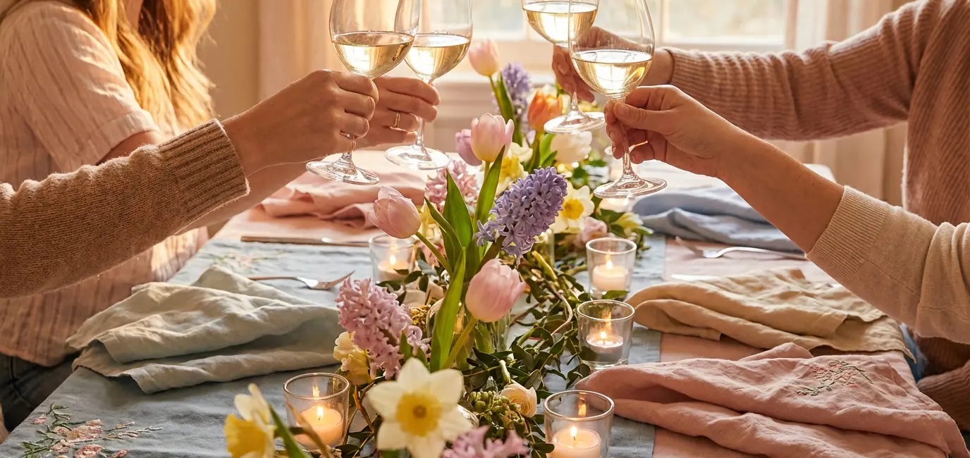 Toasting wine glasses at Easter dinner — celebrating spring with family around a beautiful table
