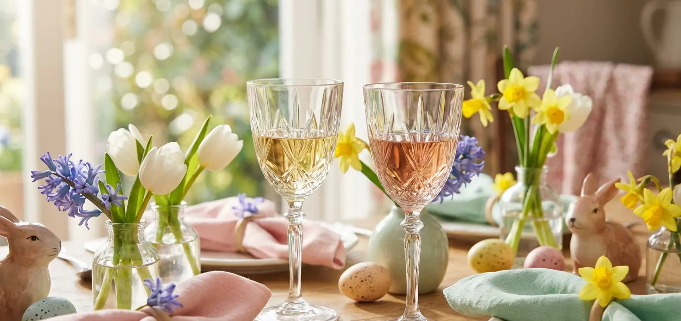 Easter dinner wine pairing — Chardonnay and rosé glasses on a spring-styled table with pastel flowers