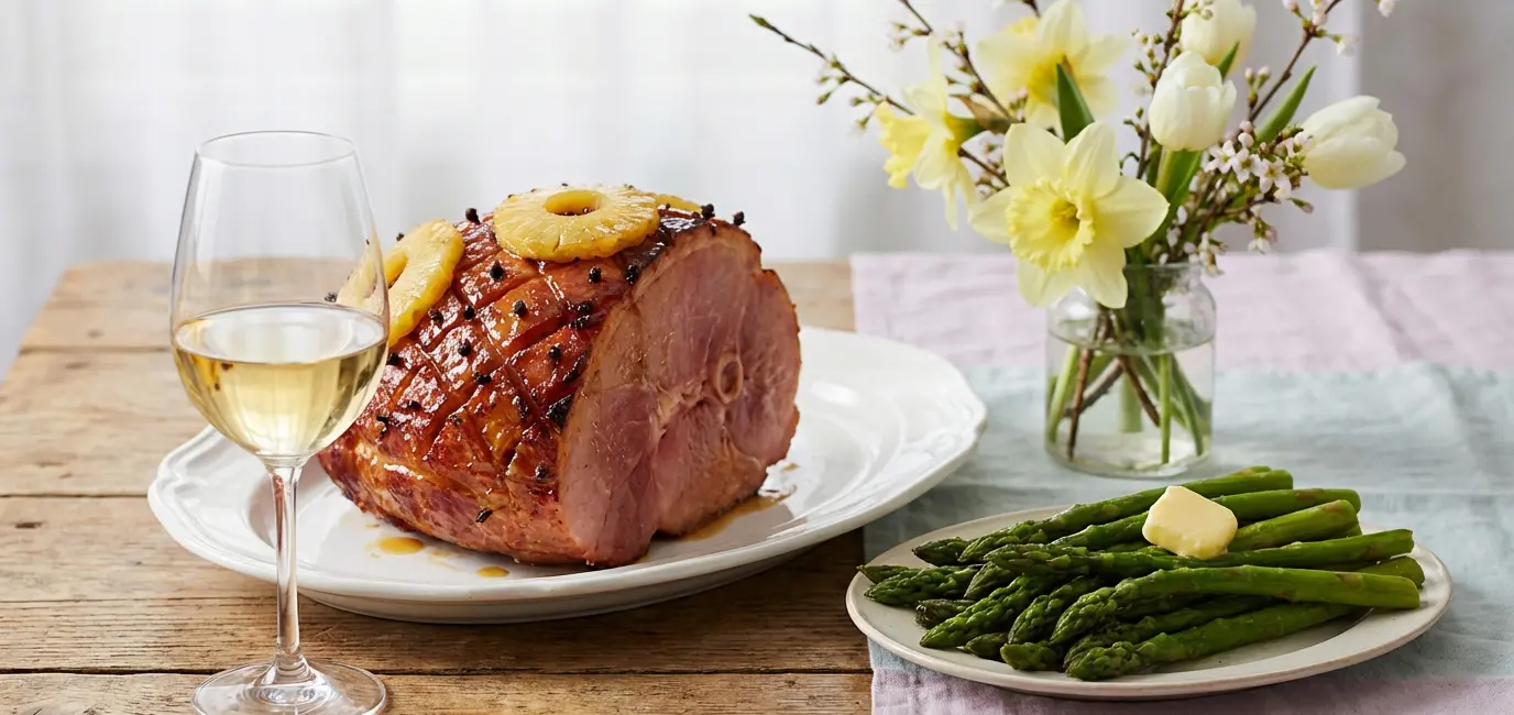 Easter ham and white wine pairing — glazed ham with Riesling and spring asparagus on elegant table