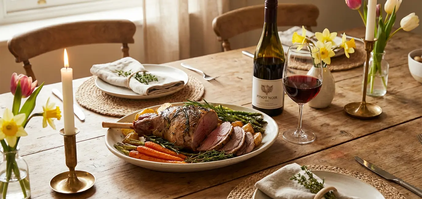 Roast lamb with Pinot Noir — classic Easter dinner wine pairing with spring vegetables