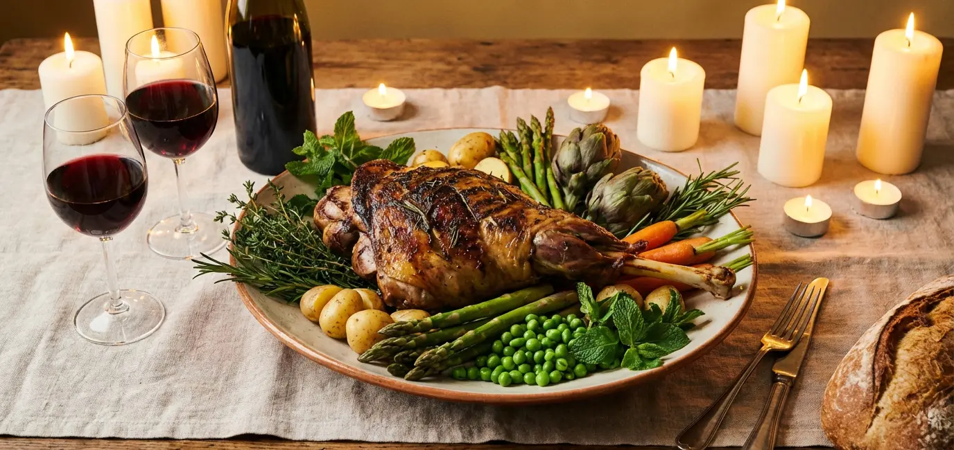 Easter lamb dinner with red wine pairing — roasted leg of lamb with Pinot Noir and spring herbs