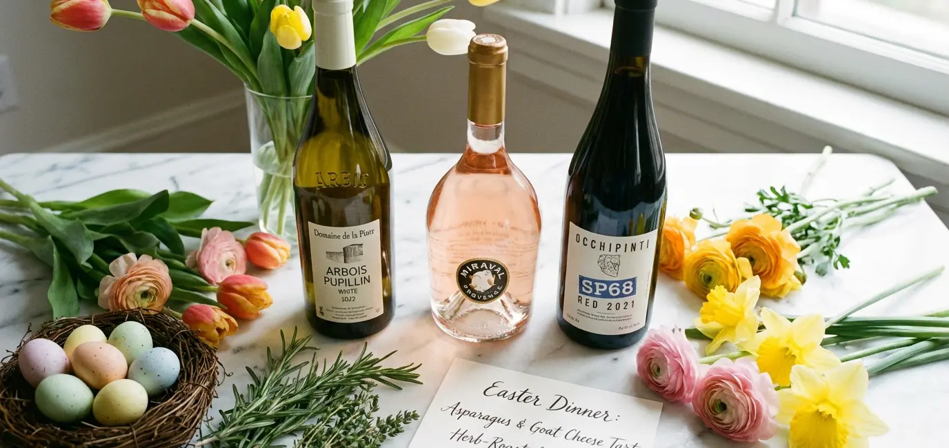 Wine bottles for Easter dinner — white, rosé and red selection styled with spring flowers and Easter eggs