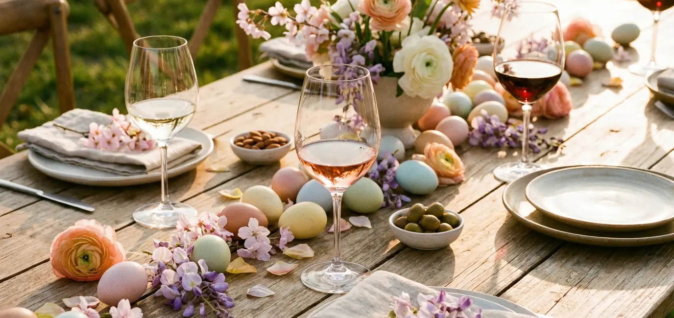 Easter wine selection — white rose and red wine glasses arranged on spring dinner table with pastel decor