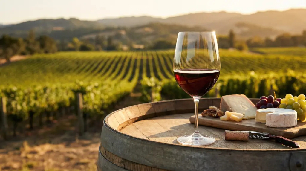 Fortunate Son The Dreamer 2021 Napa Valley Cabernet Sauvignon — glass of deep ruby-brick wine at golden hour over vineyard rows