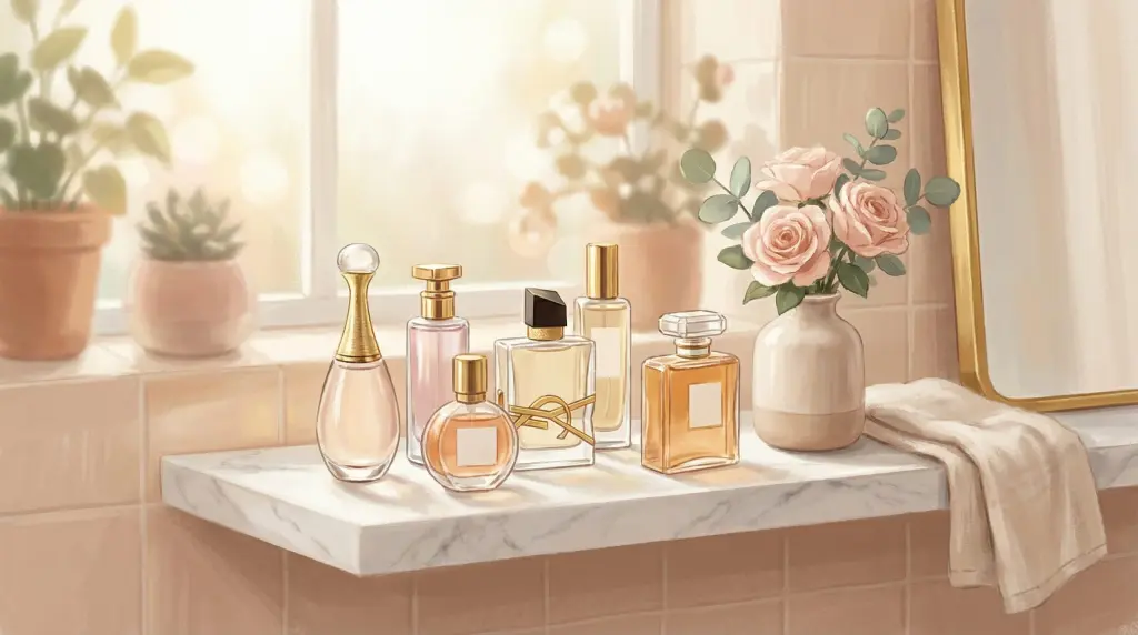 Best fragrances under $50 — designer perfume bottles on a bathroom shelf