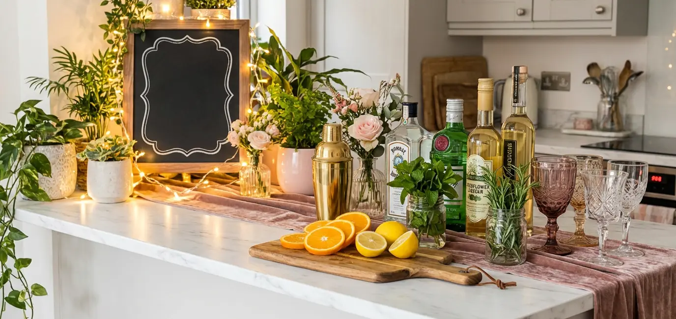DIY cocktail bar setup for girls night in — marble counter with spirits, fresh herbs and fancy glassware