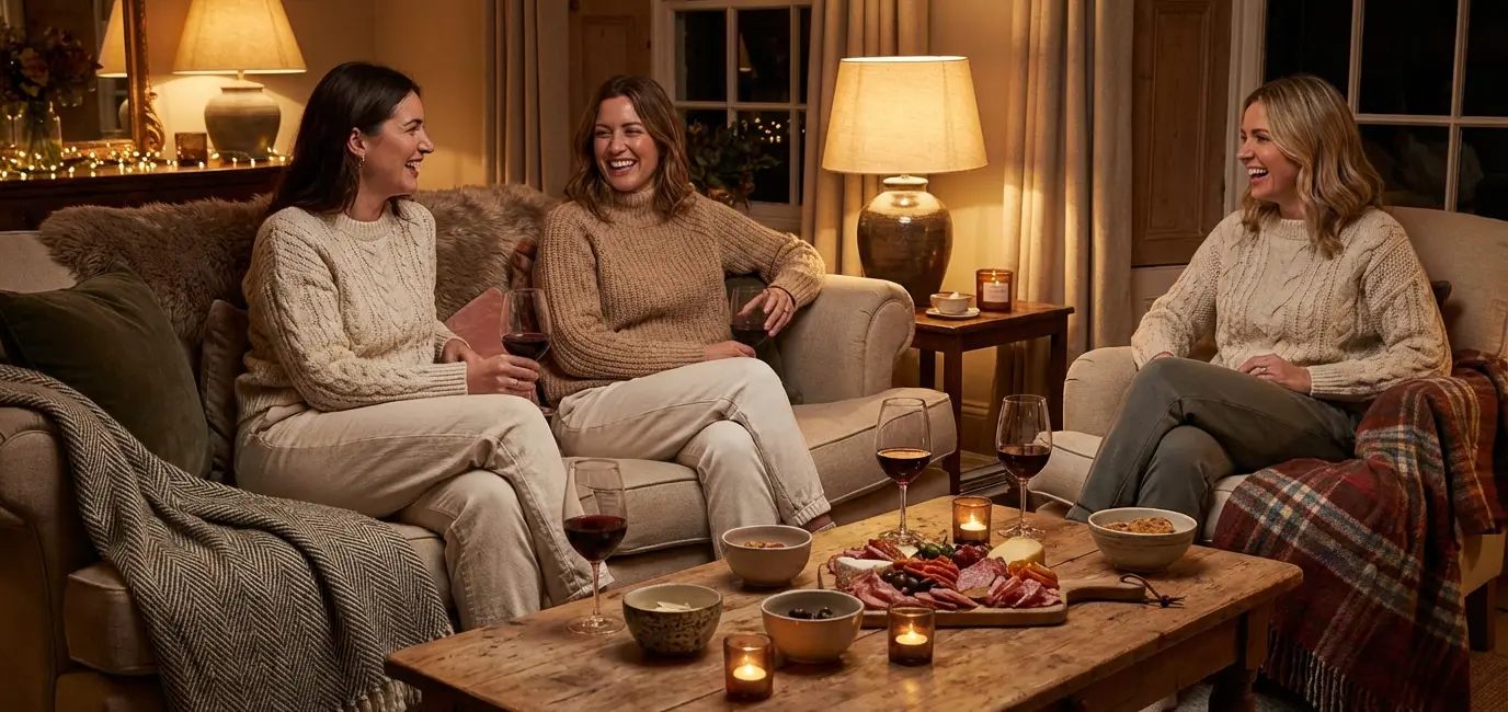 Girls night in ideas for adults — cozy living room with wine, charcuterie and candlelight
