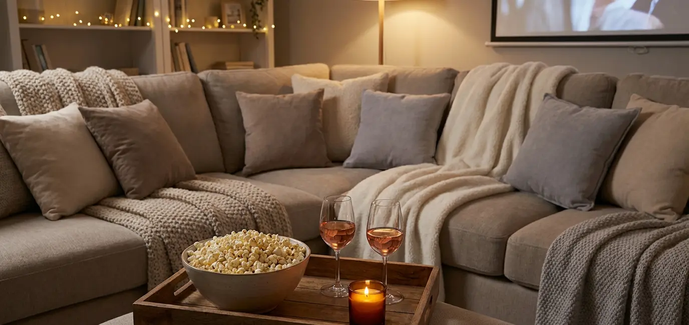 Cozy movie night setup for girls night in — sofa with blankets, rosé wine and popcorn