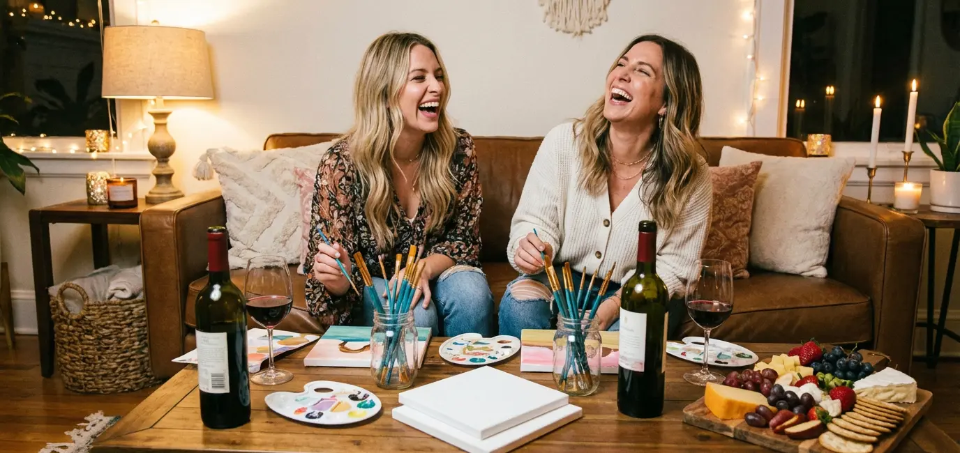 Paint and sip girls night in activity — canvases, paintbrushes, wine glasses and a charcuterie board