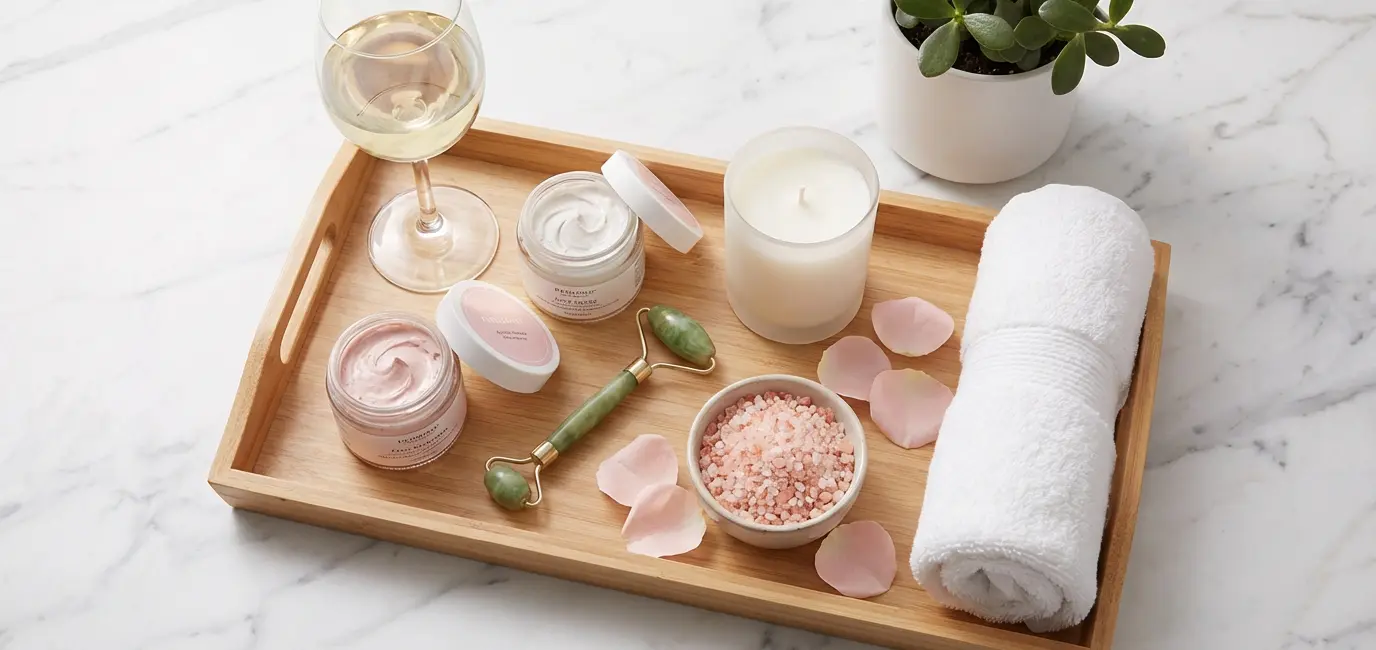 At-home spa night tray with wine, face masks, candles and bath salts for girls night in