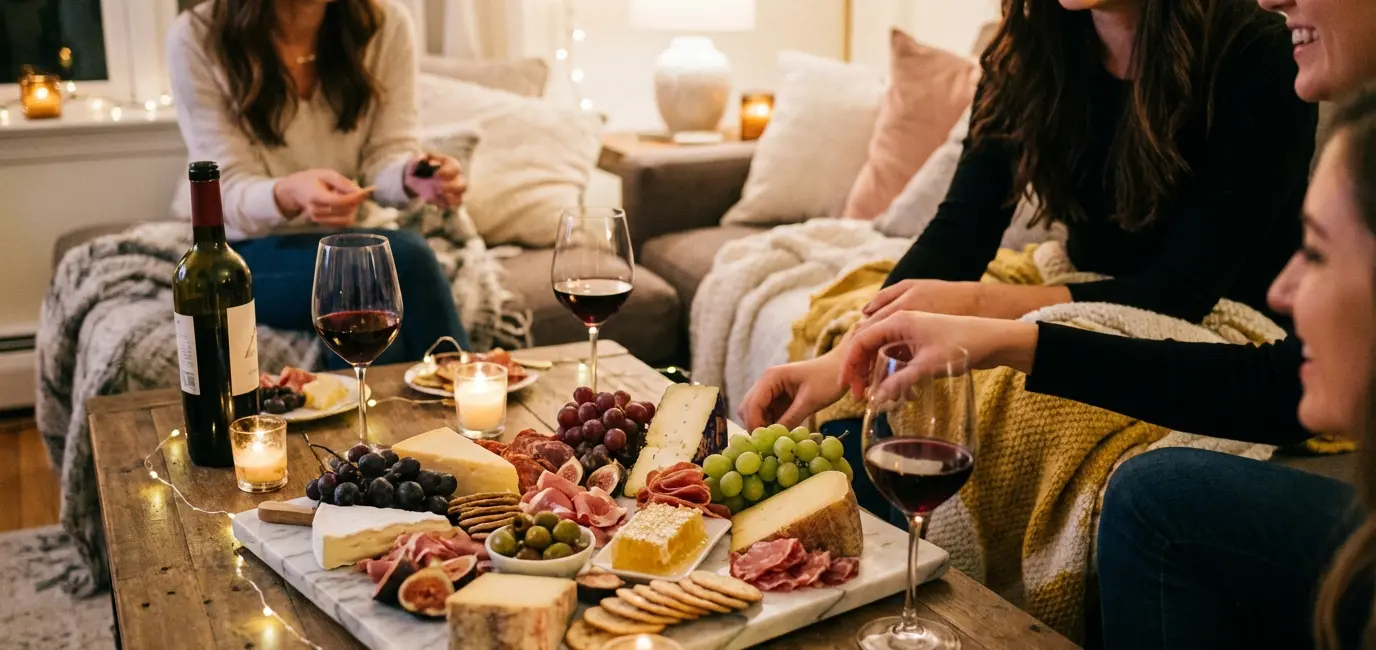 Wine and charcuterie board for girls night in — cheeses, meats, fruit and red wine on marble