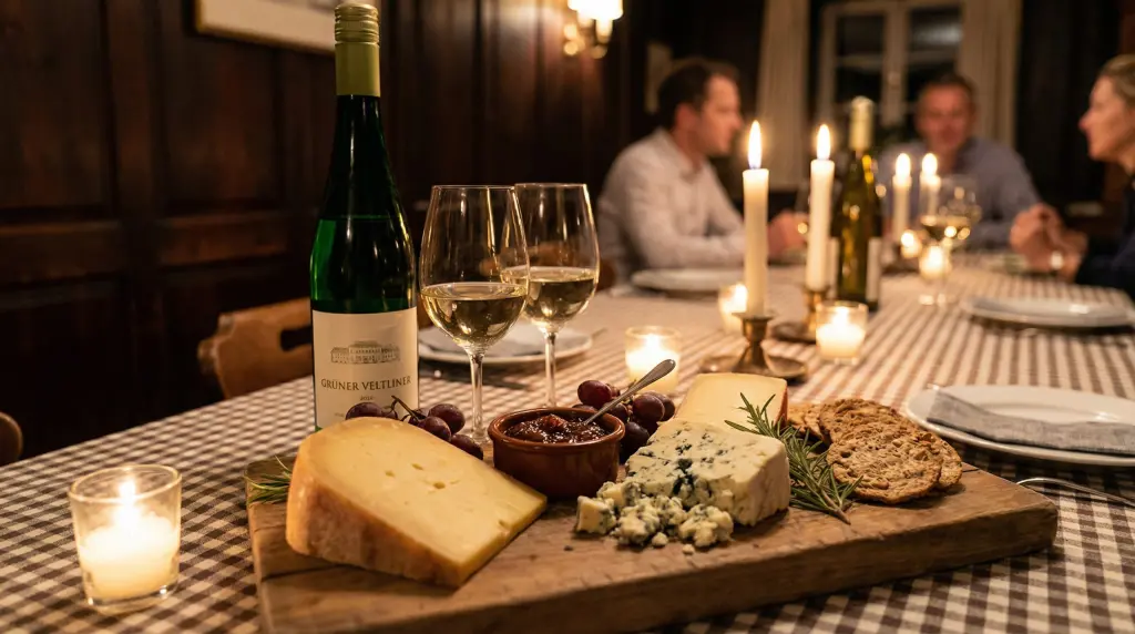 Gruner Veltliner white wine with aged Gouda, blue cheese and fig jam on rustic wooden board