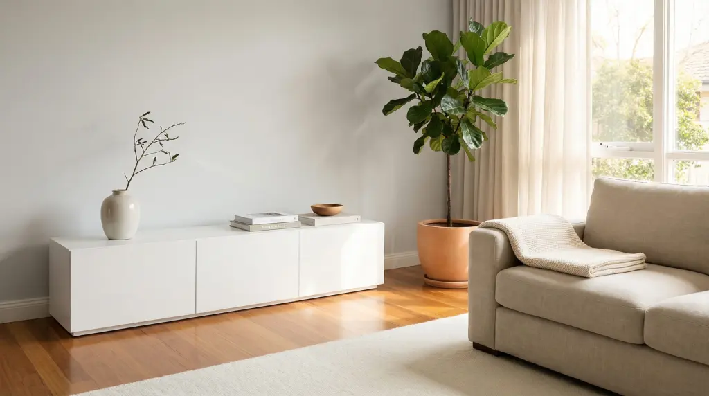 How to declutter your home room by room — bright organized living room with minimal styling and natural light