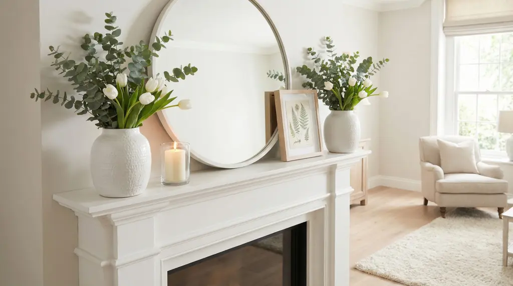 How to decorate a spring mantel — white fireplace with round mirror, ceramic vases, white tulips and botanical print