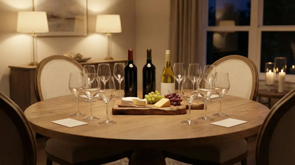 How to host a wine tasting at home — round table set with six glasses, three open bottles and tasting note cards