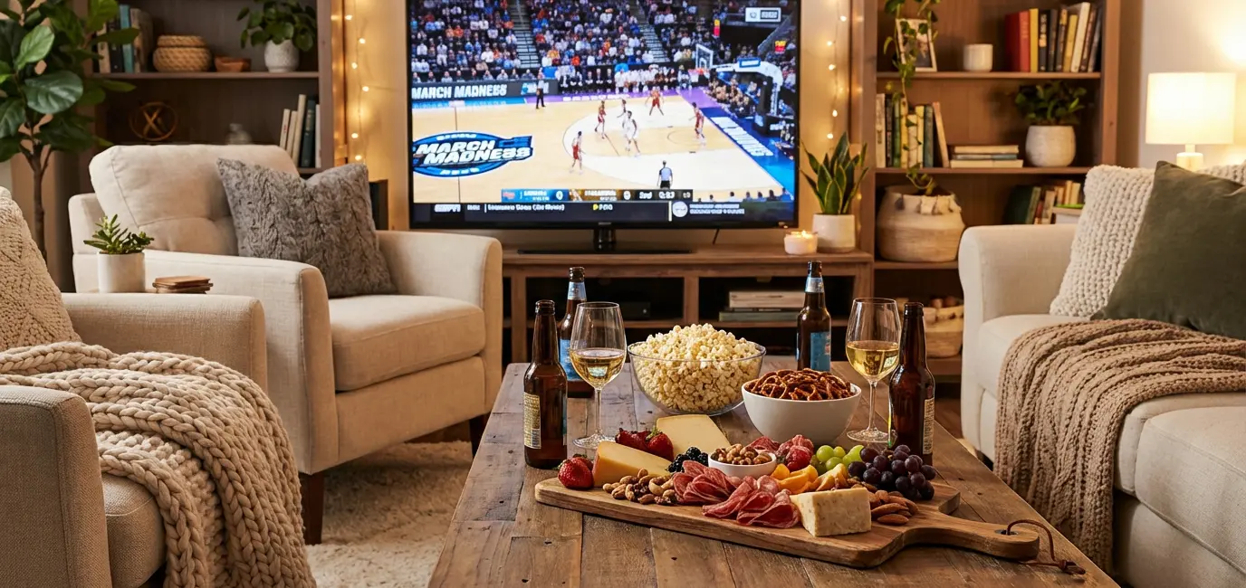 How to host a March Madness 2026 watch party — styled living room with basketball on TV and snack spread