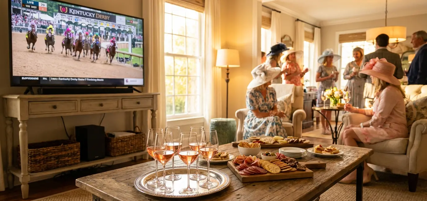 Kentucky Derby 2026 viewing party with rose wine glasses on coffee table and derby hats in background
