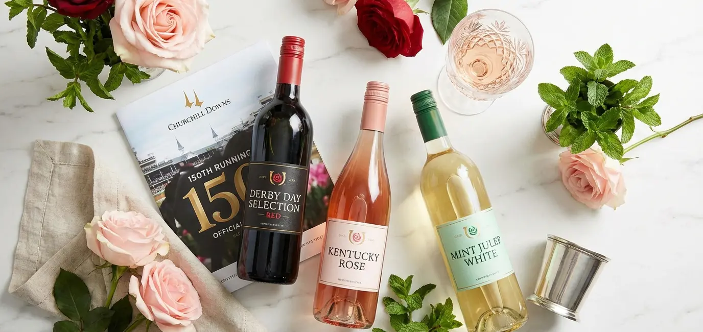 Kentucky Derby 2026 wine bottles flat lay on marble with Churchill Downs program and fresh roses