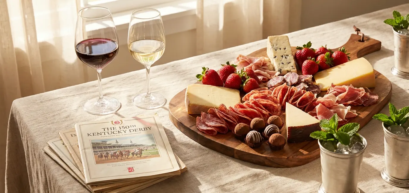 Kentucky Derby watch party spread with wine charcuterie board and mint julep cups on linen tablecloth