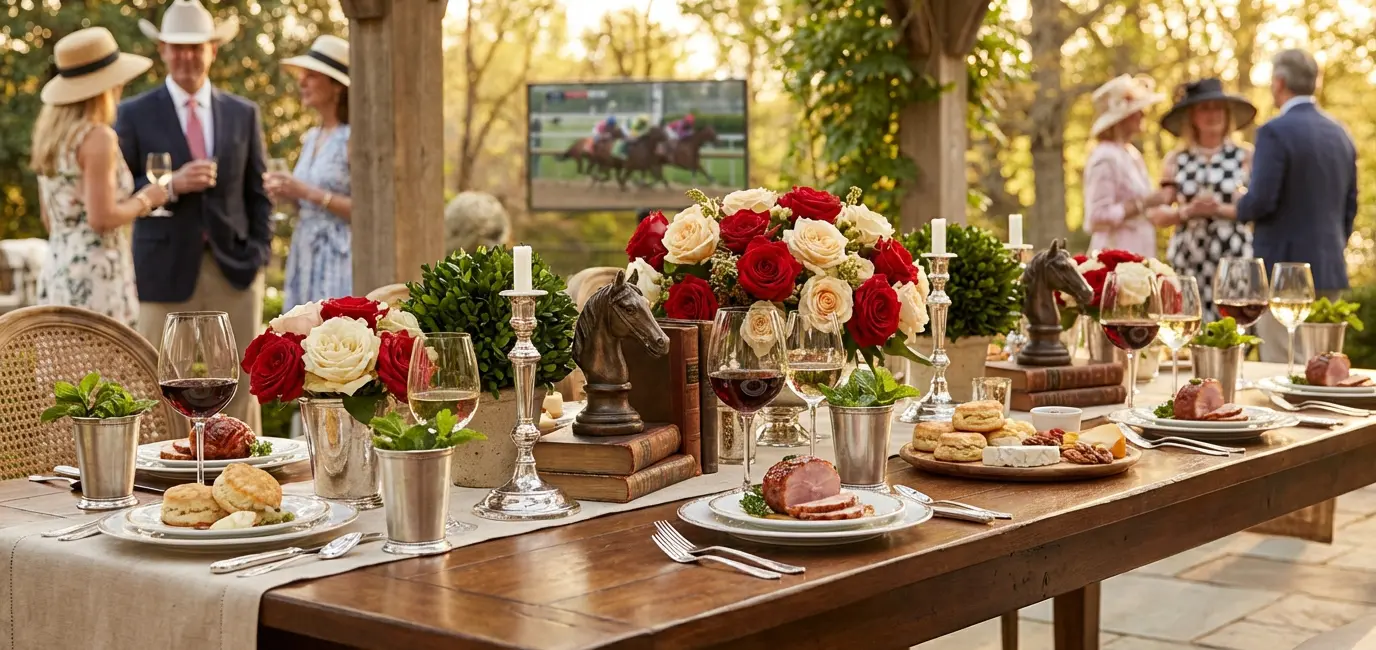 Kentucky Derby 2026 wine picks elegant party table with wine glasses roses and mint julep cups