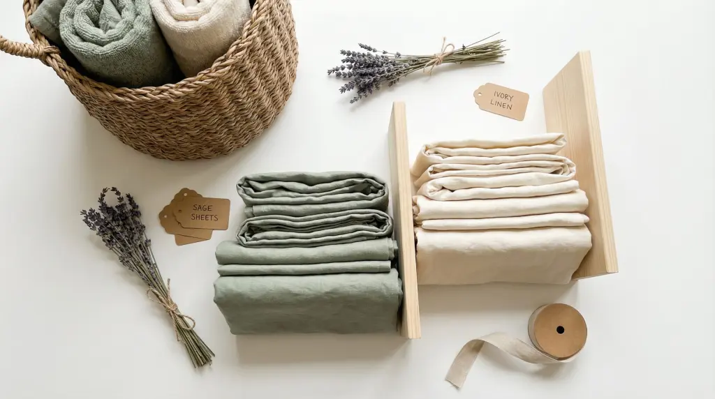 Linen closet organization flat lay with woven seagrass basket, dried lavender, and label tags