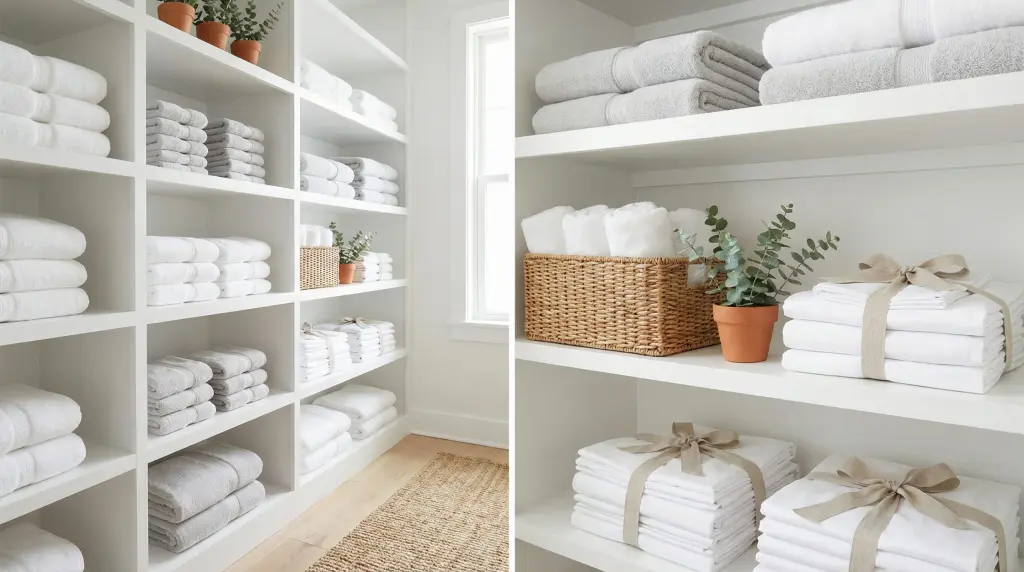 Linen closet organization ideas — beautifully organized white shelves with neatly folded towels and wicker baskets