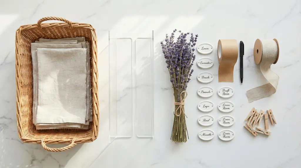 Linen closet organization products flat lay on marble including wicker basket, shelf dividers, lavender sachets and labels