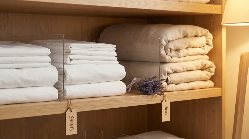 Linen closet organization with clear acrylic shelf dividers keeping folded sheet stacks tidy and labeled