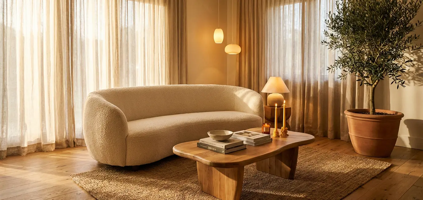 living room glow-up ideas — organic modern styled living space with cream boucle sofa