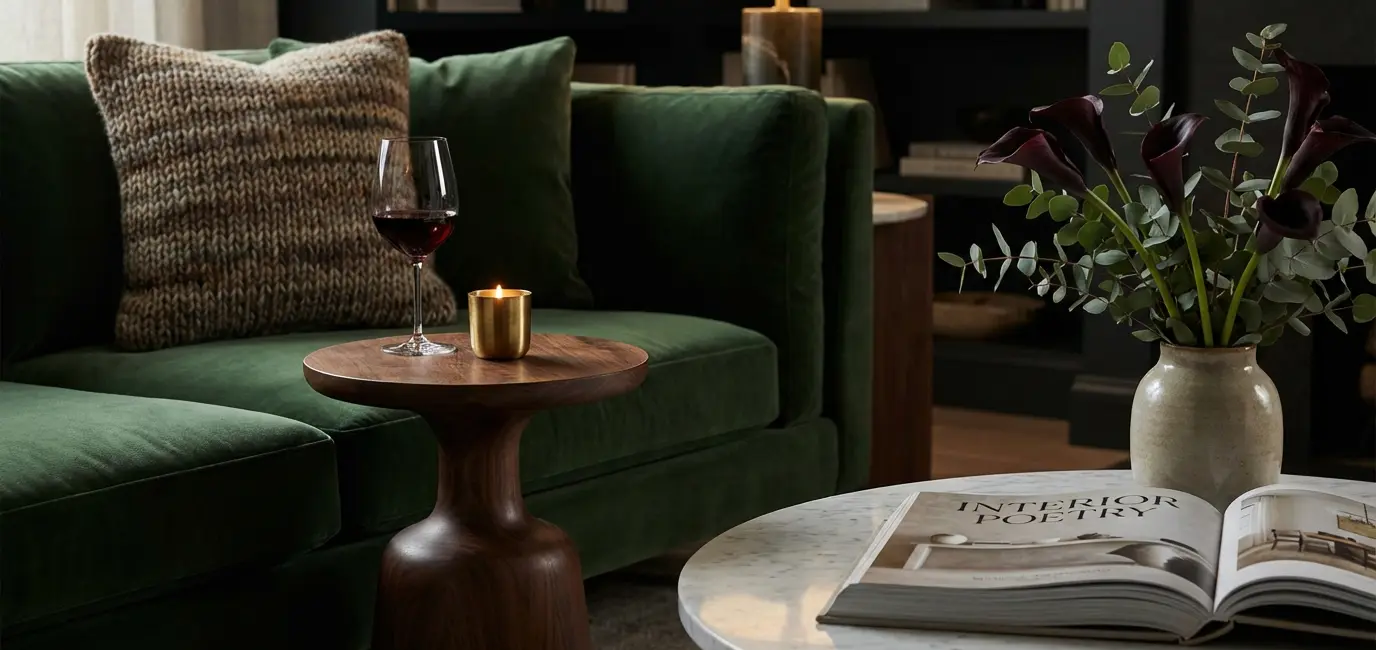 living room glow-up ideas — velvet sofa with wine glass and sculptural side table styling