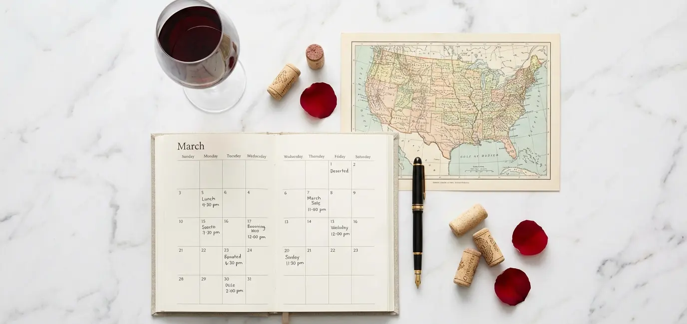 March 2026 wine events calendar flat lay with wine glass and US map — plan your wine travel