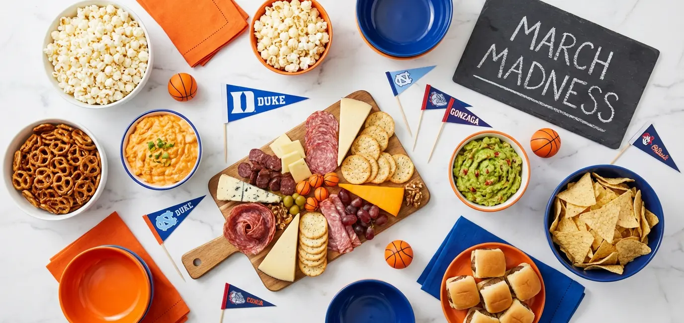 March Madness 2026 party food ideas — overhead snack station with popcorn, charcuterie and dips