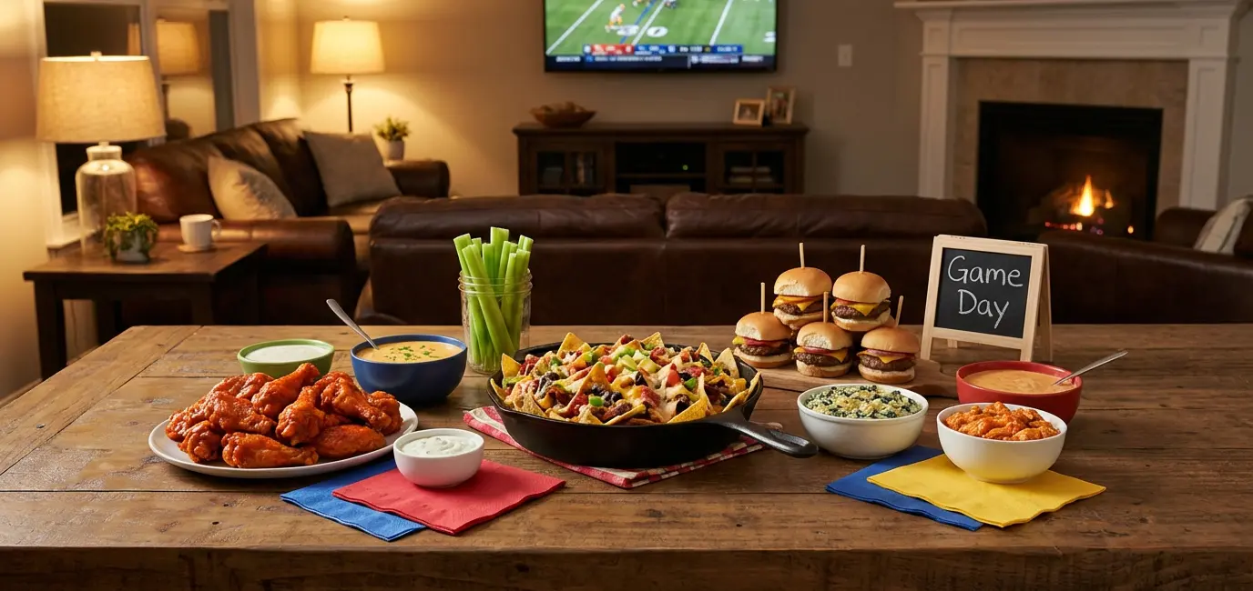 March Madness 2026 party food ideas — game day spread with wings, nachos, sliders and dips