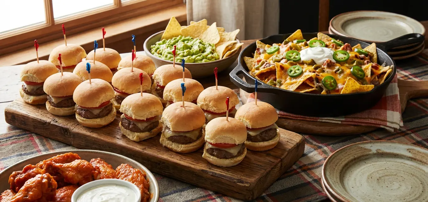 March Madness watch party appetizers — mini sliders, wings and nachos on a game day party table