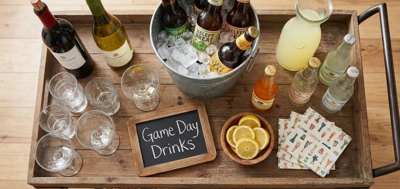 Watch party drink station — bar cart with wine, beer on ice and cocktail glasses for March Madness