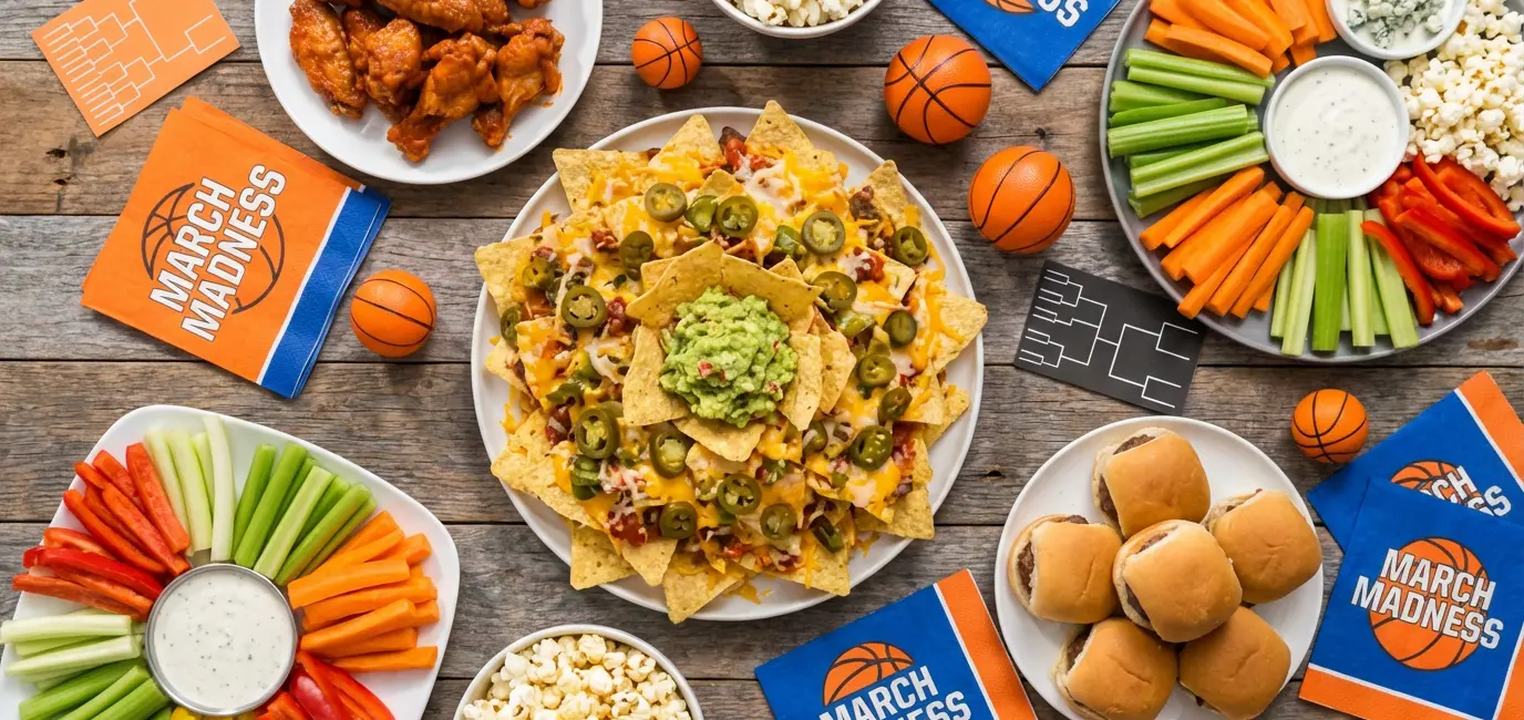 March Madness watch party food spread — overhead flat-lay with nachos, wings, sliders and dips