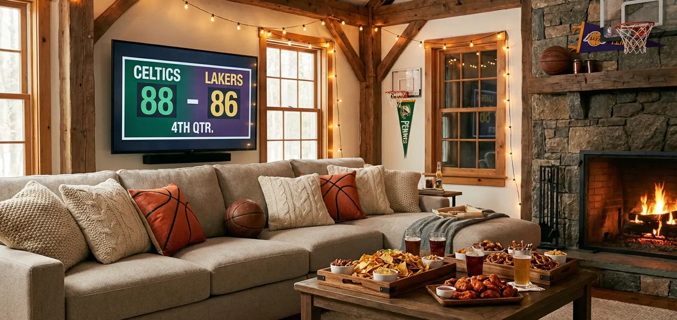 March Madness 2026 watch party living room setup — cozy sectional with TV and styled coffee table